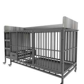 Large pet cage with storage rack, drawers with stainless steel food and water basin, made of iron frame and MDF material, sturdy, exquisite